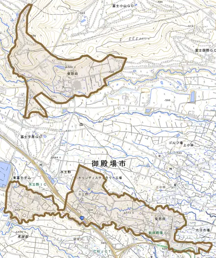 柴怒田とその周辺の地図。町の範囲を重ねている