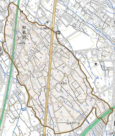 杉名沢とその周辺の地図。町の範囲を重ねている