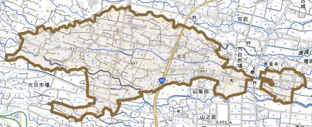塚原とその周辺の地図。町の範囲を重ねている
