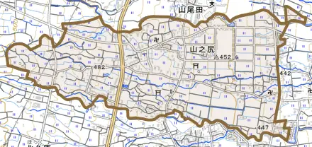 山之尻とその周辺の地図。町の範囲を重ねている