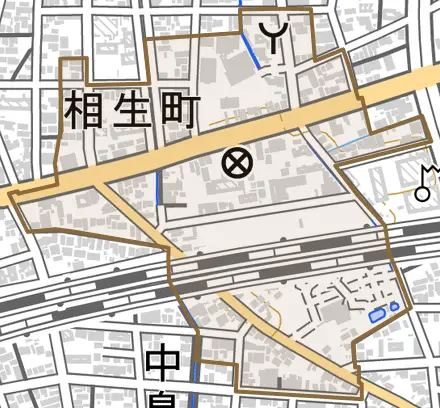 相生町とその周辺の地図。町の範囲を重ねている