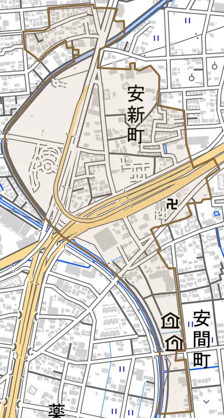 安新町とその周辺の地図。町の範囲を重ねている