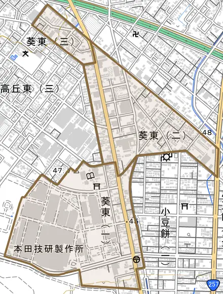 葵東とその周辺の地図。町の範囲を重ねている