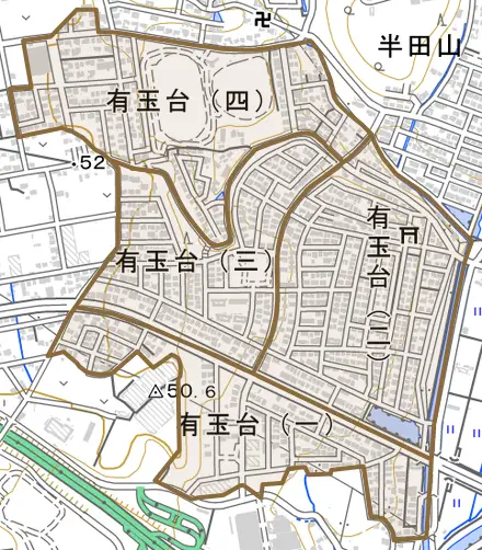 有玉台とその周辺の地図。町の範囲を重ねている