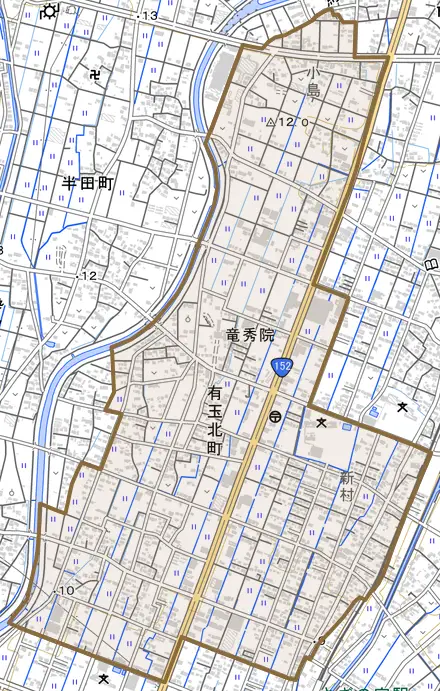 有玉北町とその周辺の地図。町の範囲を重ねている