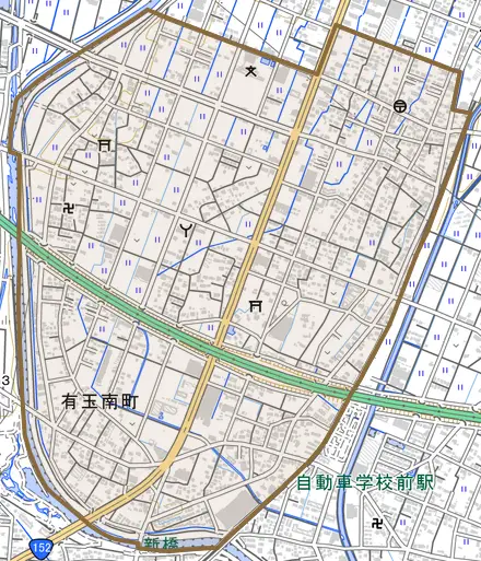 有玉南町とその周辺の地図。町の範囲を重ねている