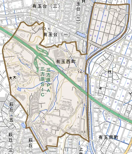 有玉西町とその周辺の地図。町の範囲を重ねている