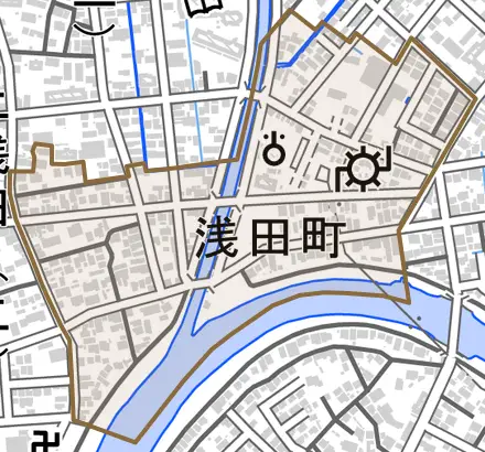 浅田町とその周辺の地図。町の範囲を重ねている