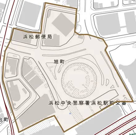 旭町とその周辺の地図。町の範囲を重ねている