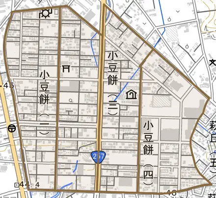 小豆餅とその周辺の地図。町の範囲を重ねている