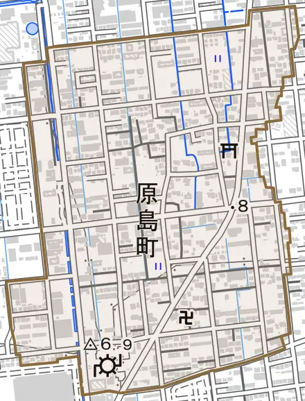 原島町とその周辺の地図。町の範囲を重ねている