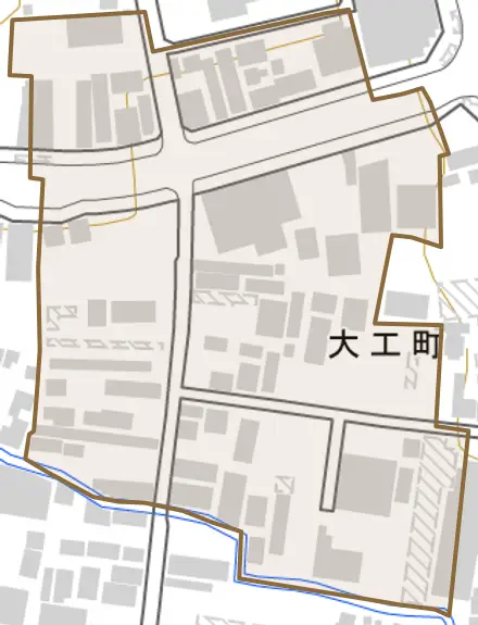 大工町とその周辺の地図。町の範囲を重ねている