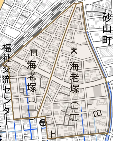 海老塚とその周辺の地図。町の範囲を重ねている