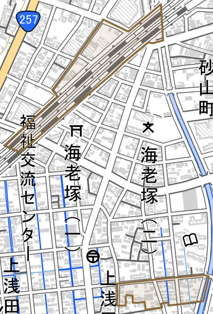海老塚町とその周辺の地図。町の範囲を重ねている