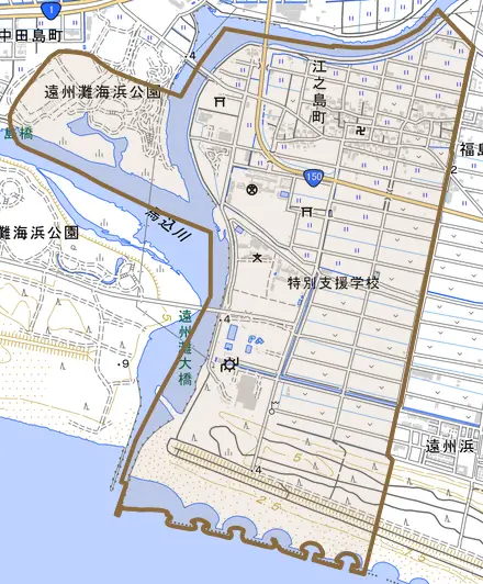 江之島町とその周辺の地図。町の範囲を重ねている