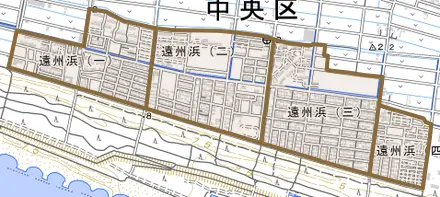 遠州浜とその周辺の地図。町の範囲を重ねている