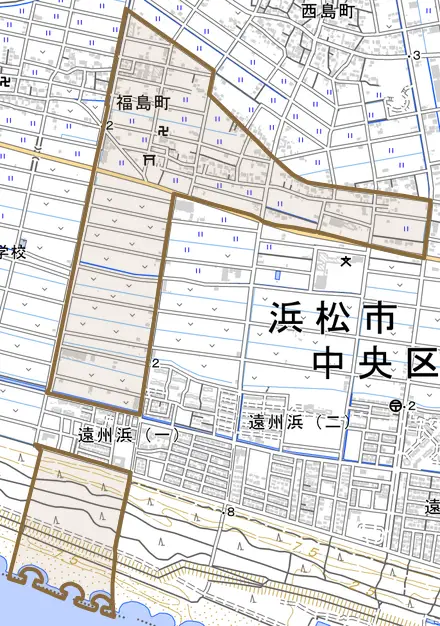 福島町とその周辺の地図。町の範囲を重ねている