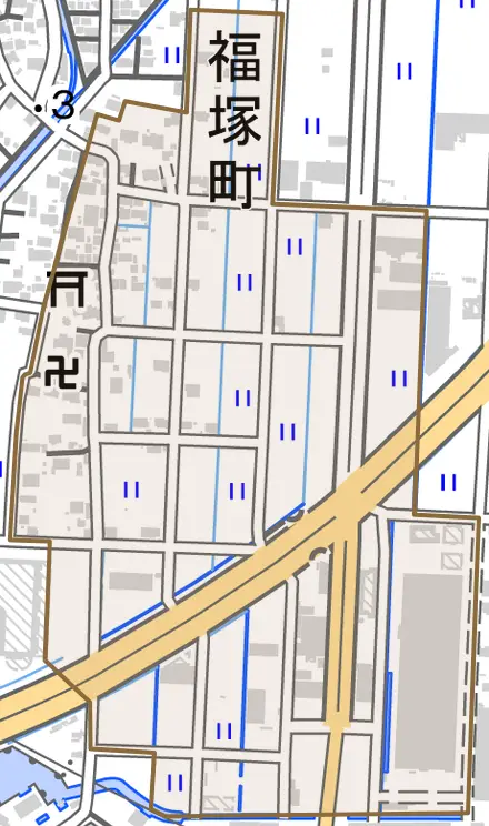 福塚町とその周辺の地図。町の範囲を重ねている