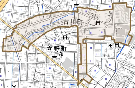 古川町とその周辺の地図。町の範囲を重ねている