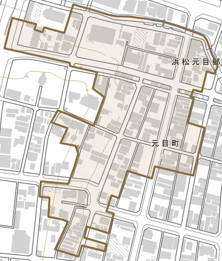 元目町とその周辺の地図。町の範囲を重ねている