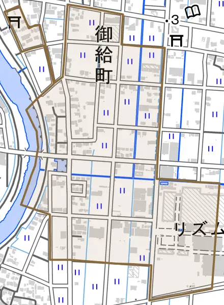 御給町とその周辺の地図。町の範囲を重ねている