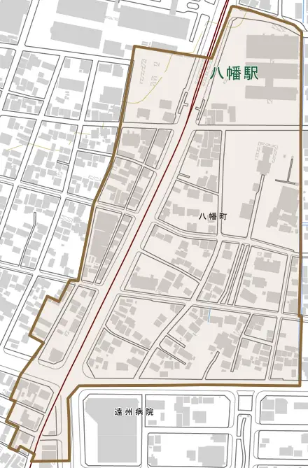 八幡町とその周辺の地図。町の範囲を重ねている