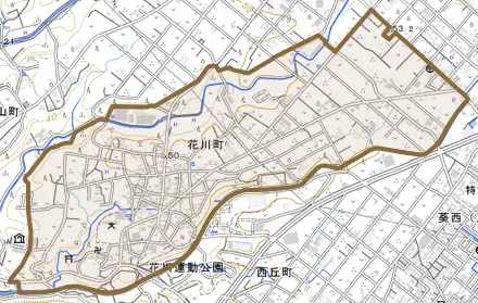花川町とその周辺の地図。町の範囲を重ねている