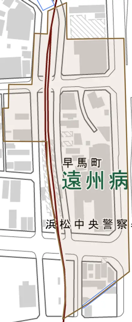 早馬町とその周辺の地図。町の範囲を重ねている