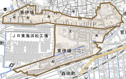 東伊場とその周辺の地図。町の範囲を重ねている