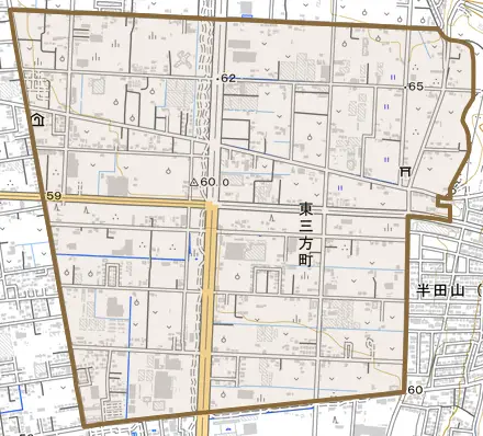 東三方町とその周辺の地図。町の範囲を重ねている