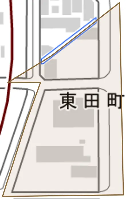 東田町とその周辺の地図。町の範囲を重ねている
