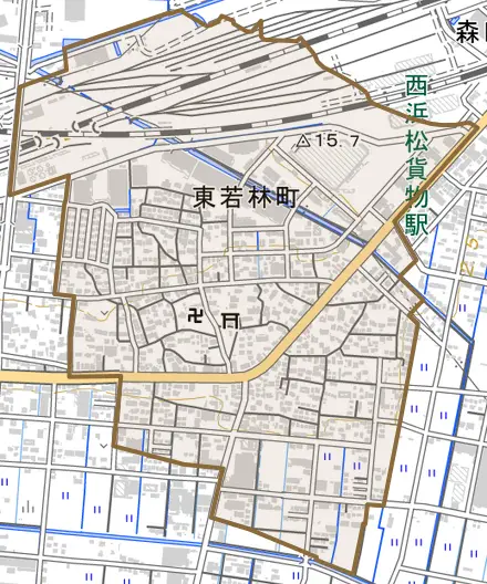 東若林町とその周辺の地図。町の範囲を重ねている