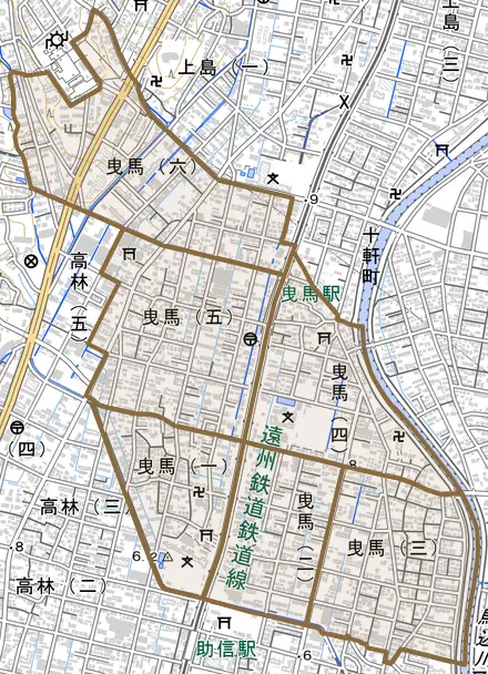 曳馬とその周辺の地図。町の範囲を重ねている
