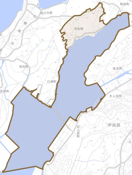 平松町とその周辺の地図。町の範囲を重ねている