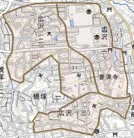 広沢とその周辺の地図。町の範囲を重ねている
