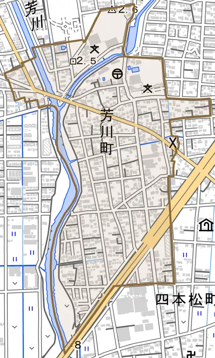 芳川町とその周辺の地図。町の範囲を重ねている