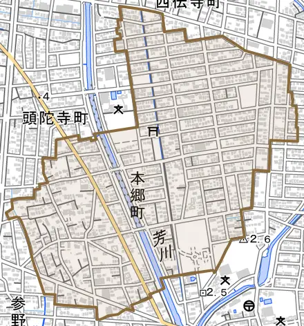 本郷町とその周辺の地図。町の範囲を重ねている
