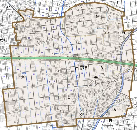 市野町とその周辺の地図。町の範囲を重ねている