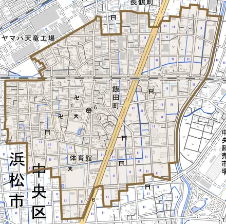 飯田町とその周辺の地図。町の範囲を重ねている