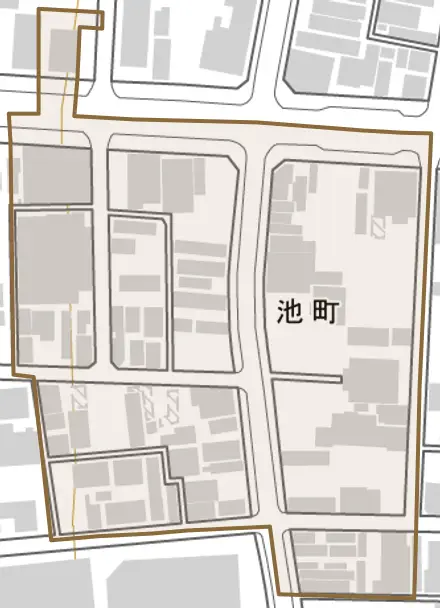 池町とその周辺の地図。町の範囲を重ねている