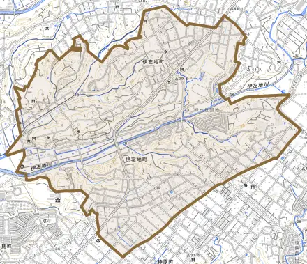 伊左地町とその周辺の地図。町の範囲を重ねている