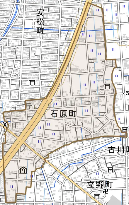 石原町とその周辺の地図。町の範囲を重ねている