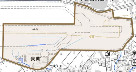 泉町とその周辺の地図。町の範囲を重ねている