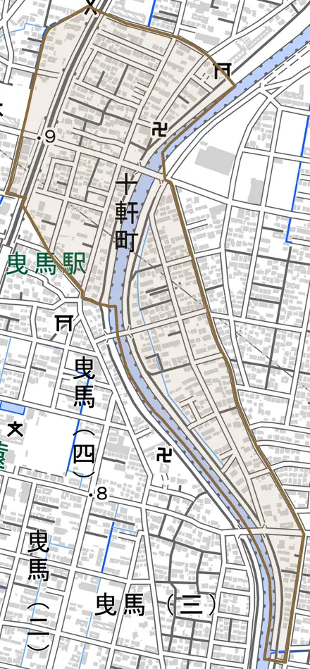 十軒町とその周辺の地図。町の範囲を重ねている
