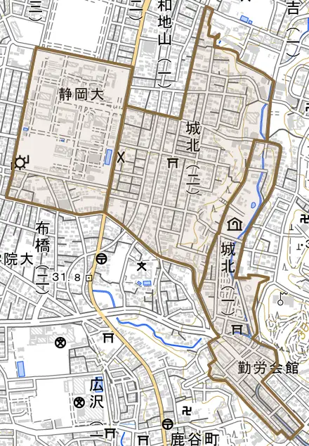 城北とその周辺の地図。町の範囲を重ねている