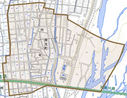 常光町とその周辺の地図。町の範囲を重ねている