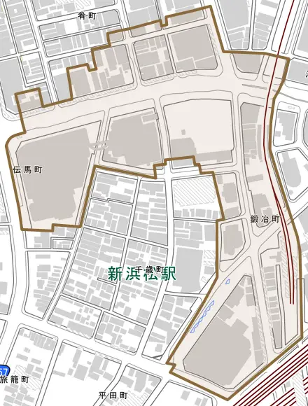 鍛冶町とその周辺の地図。町の範囲を重ねている