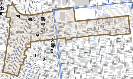 上新屋町とその周辺の地図。町の範囲を重ねている