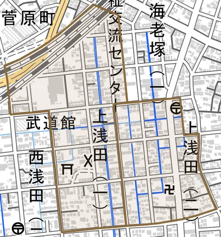 上浅田とその周辺の地図。町の範囲を重ねている
