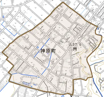 神原町とその周辺の地図。町の範囲を重ねている